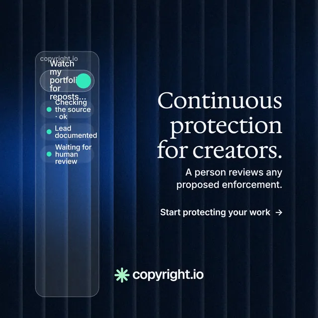 Instagram post for copyright.io: "Continuous protection for creators." Minimal luxury style, right layout, dark palette in black, blue.