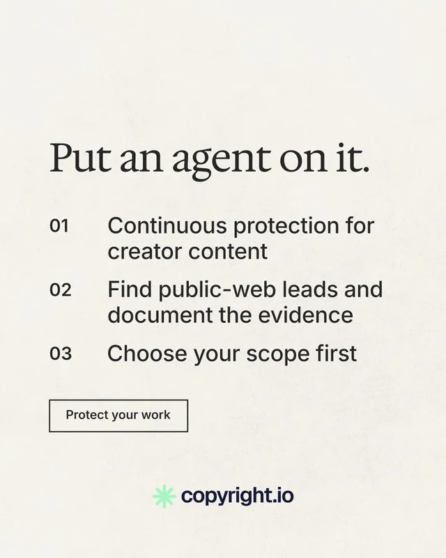 Instagram portrait post for copyright.io: "Put an agent on it." Editorial style, numbered layout, light palette in white, grey.