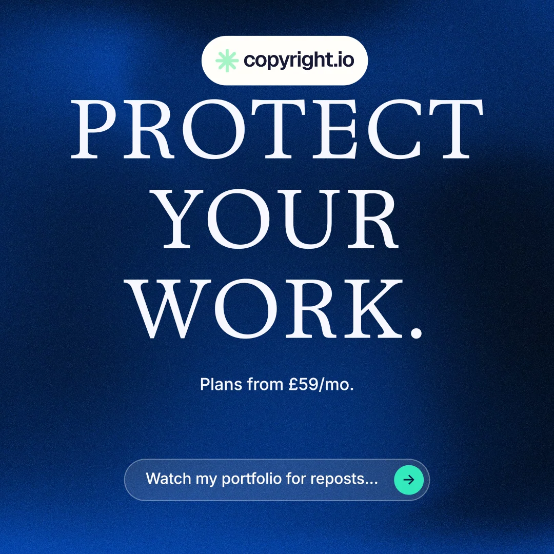 Instagram post for copyright.io: "Protect your work." Agentic glass style, centred layout, dark palette in blue, black.