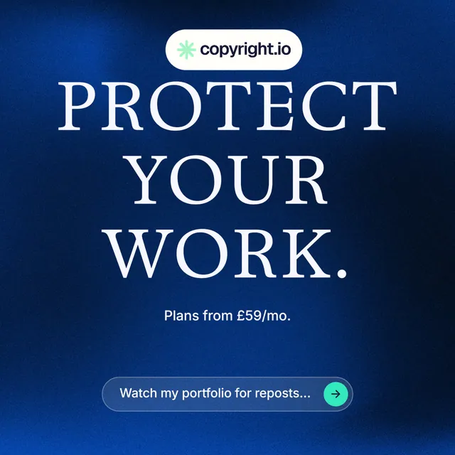 Instagram post for copyright.io: "Protect your work." Agentic glass style, centred layout, dark palette in blue, black.