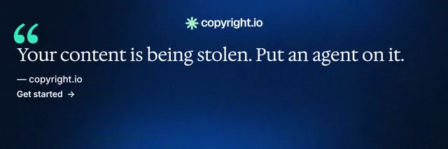 X header for copyright.io: "Evidence, documented." Minimal luxury style, quote layout, dark palette in blue, black.