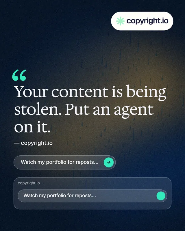 Instagram portrait post for copyright.io: "Reposts don't remove themselves." Agentic glass style, quote layout, dark palette in black, blue, grey.