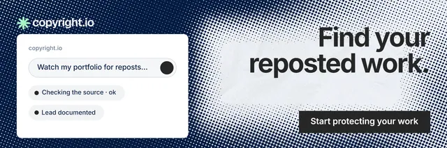X header for copyright.io: "Find your reposted work." Swiss style, right layout, light palette in blue, grey, white.