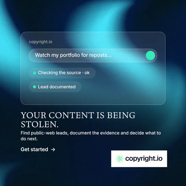 Instagram post for copyright.io: "Your content is being stolen." Minimal luxury style, bottom layout, dark palette in blue, teal, black.