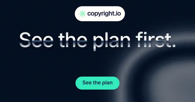Social ad for copyright.io: "See the plan first." Y2K style, centred layout, dark palette in black, grey.