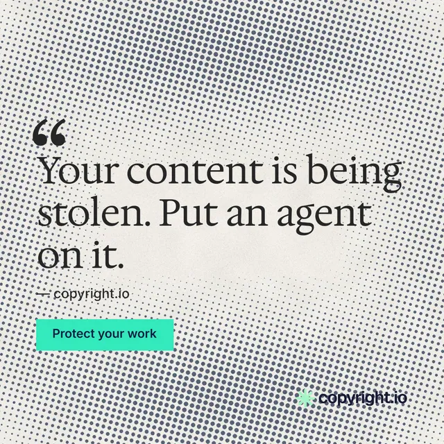 Instagram post for copyright.io: "Put an agent on it." Retro print style, quote layout, light palette in white, grey, yellow.