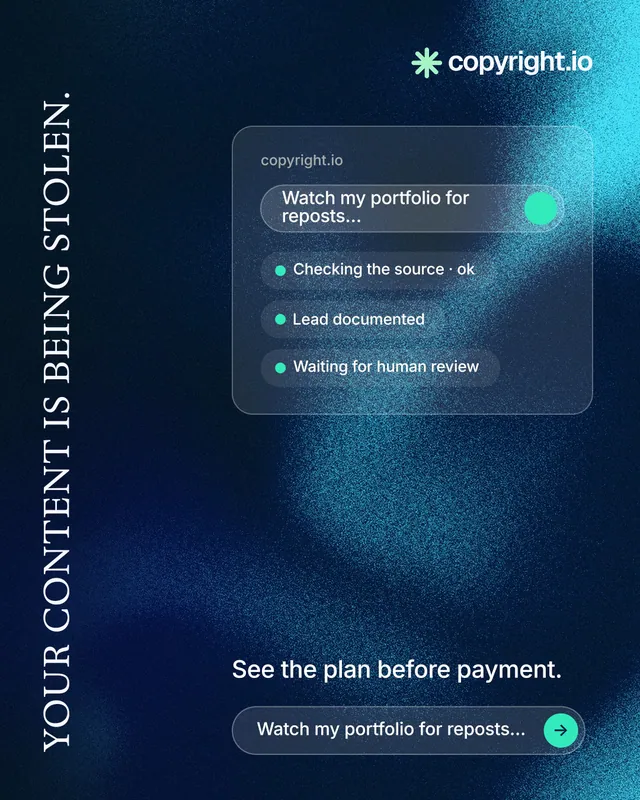 Instagram portrait post for copyright.io: "Your content is being stolen." Agentic glass style, vertical layout, dark palette in blue, black.