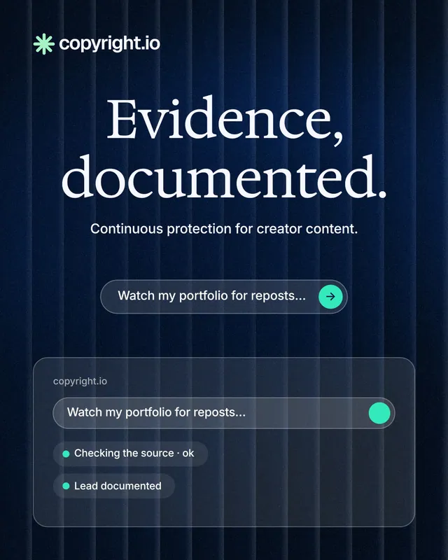 Instagram portrait post for copyright.io: "Evidence, documented." Agentic glass style, centred layout, dark palette in blue, black.