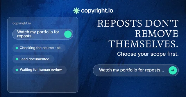 Social ad for copyright.io: "Reposts don't remove themselves." Agentic glass style, right layout, dark palette in blue.