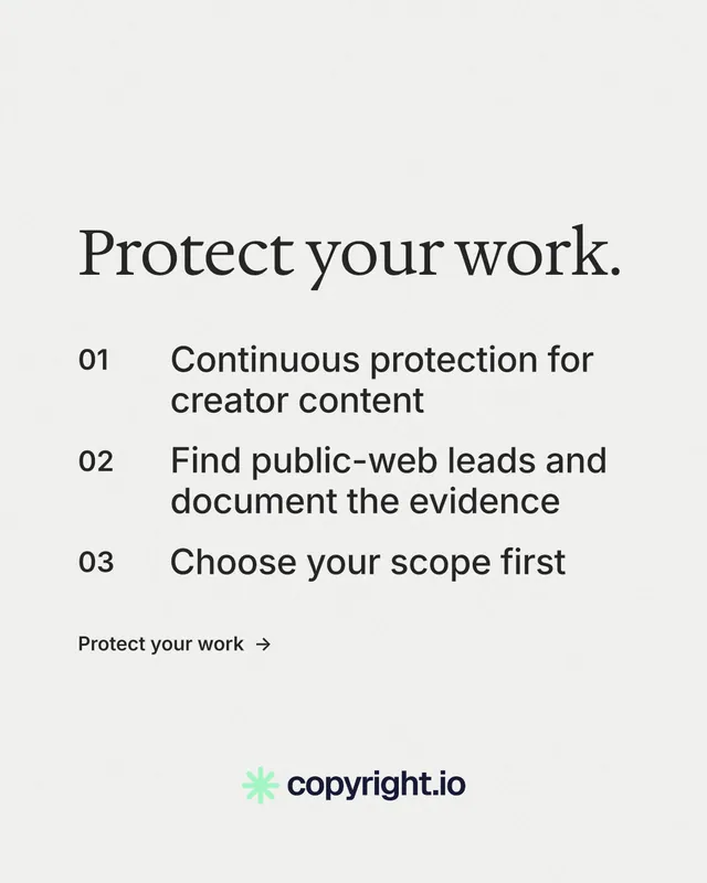 Instagram portrait post for copyright.io: "Protect your work." Minimal luxury style, numbered layout, light palette in white.