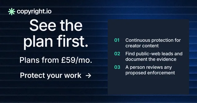 Social ad for copyright.io: "See the plan first." Minimal luxury style, skeleton layout, dark palette in blue, black, grey.