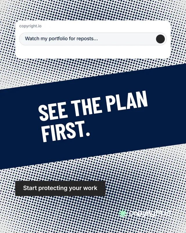 Instagram portrait post for copyright.io: "See the plan first." Retro print style, diagonal layout, light palette in grey, blue, white.