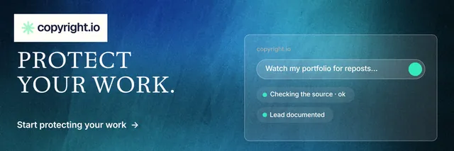 X header for copyright.io: "Protect your work." Minimal luxury style, bottom layout, dark palette in blue, teal.