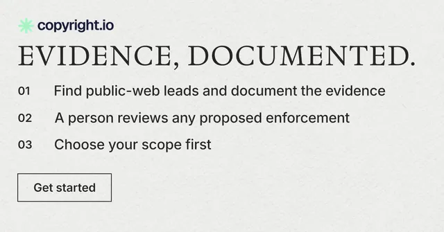 Social ad for copyright.io: "Evidence, documented." Editorial style, numbered layout, light palette in white, grey.