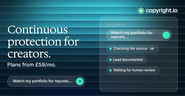 Social ad for copyright.io: "Continuous protection for creators." Agentic glass style, bottom layout, dark palette in blue, black, teal.