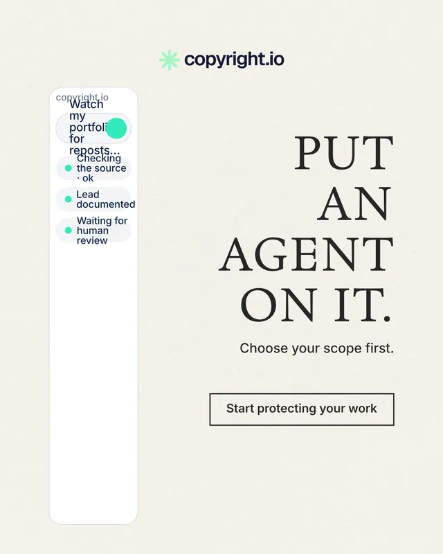 Instagram portrait post for copyright.io: "Put an agent on it." Editorial style, right layout, light palette in white.