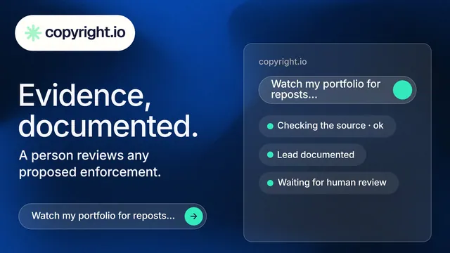 Landscape graphic for copyright.io: "Evidence, documented." Agentic glass style, bottom layout, dark palette in blue, grey.