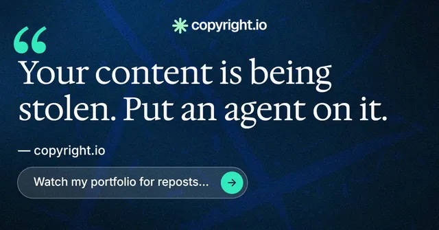 Social ad for copyright.io: "Your content is being stolen." Agentic glass style, quote layout, dark palette in blue, black.