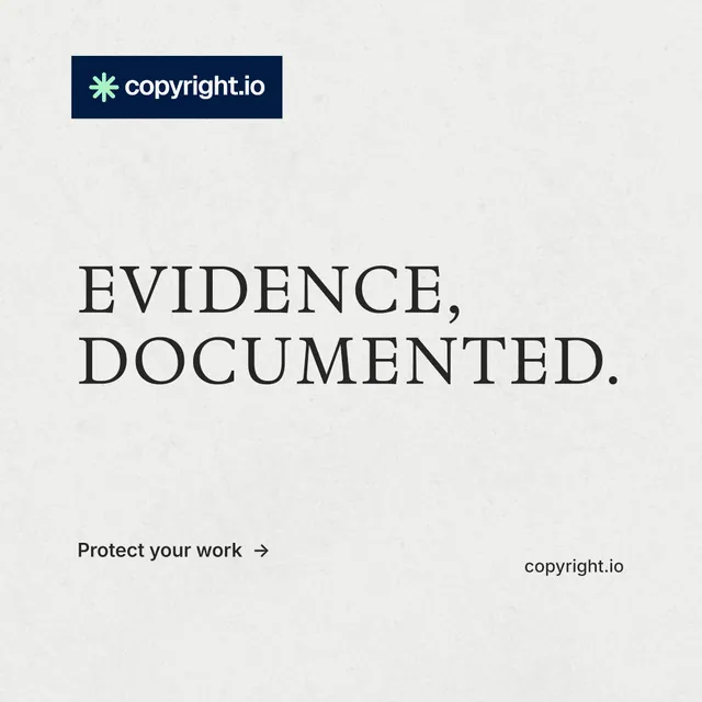 Instagram post for copyright.io: "Evidence, documented." Minimal luxury style, poster layout, light palette in white.