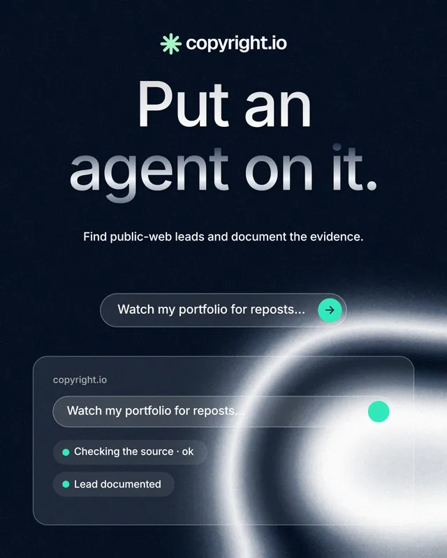Instagram portrait post for copyright.io: "Put an agent on it." Agentic glass style, centred layout, dark palette in black, blue, grey.