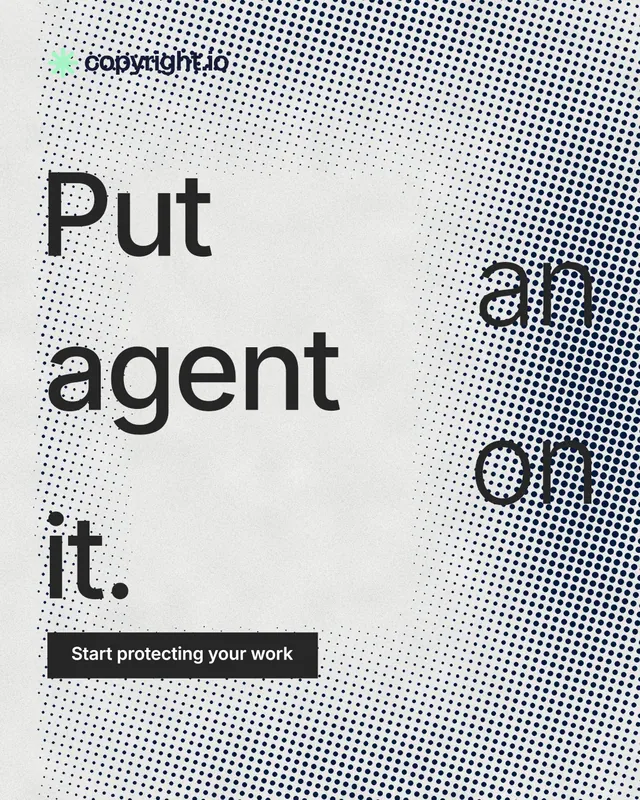 Instagram portrait post for copyright.io: "Put an agent on it." Swiss style, stacked layout, light palette in grey, white.