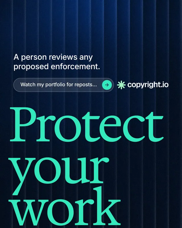 Instagram portrait post for copyright.io: "Protect your work." Agentic glass style, oversized layout, dark palette in black, blue, teal.