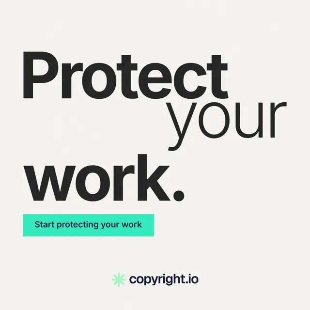 Instagram post for copyright.io: "Protect your work." Swiss style, stacked layout, light palette in white, grey.