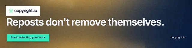LinkedIn banner for copyright.io: "Reposts don't remove themselves." Swiss style, poster layout, dark palette in brown, blue, grey.