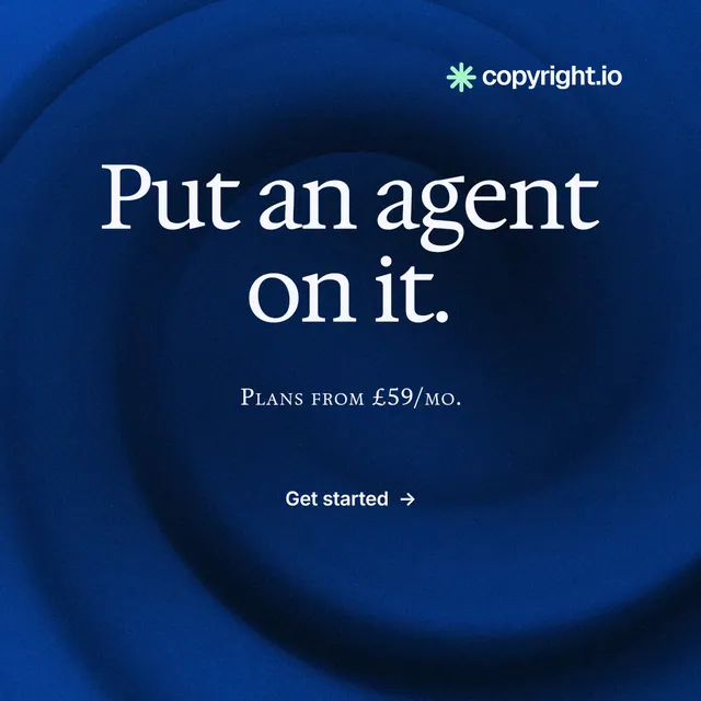 Instagram post for copyright.io: "Put an agent on it." Minimal luxury style, smallcaps layout, dark palette in blue, black.