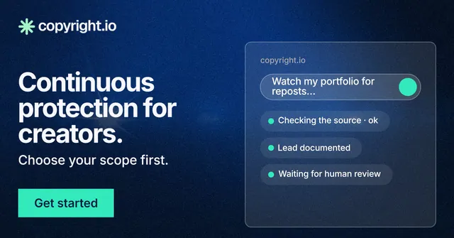 Social ad for copyright.io: "Continuous protection for creators." Swiss style, bottom layout, dark palette in black, blue, teal.