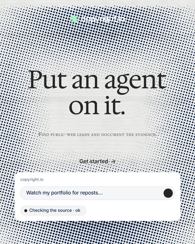 Instagram portrait post for copyright.io: "Put an agent on it." Swiss style, smallcaps layout, light palette in grey, white.