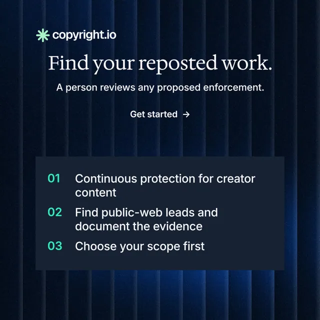 Instagram post for copyright.io: "Find your reposted work." Minimal luxury style, skeleton layout, dark palette in black, blue.