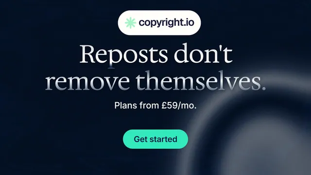 Landscape graphic for copyright.io: "Reposts don't remove themselves." Y2K style, centred layout, dark palette in black, grey.