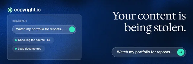 X header for copyright.io: "Your content is being stolen." Agentic glass style, right layout, dark palette in blue, black.
