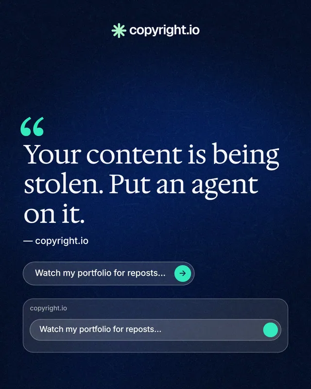 Instagram portrait post for copyright.io: "Put an agent on it." Agentic glass style, quote layout, dark palette in blue, black.