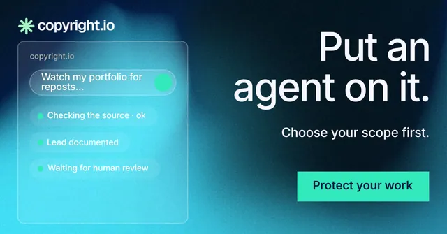 Social ad for copyright.io: "Put an agent on it." Swiss style, right layout, dark palette in black, blue, teal.