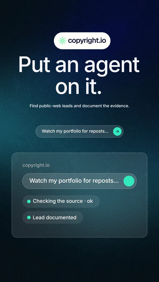 Instagram story for copyright.io: "Put an agent on it." Agentic glass style, centred layout, dark palette in black, blue, grey.