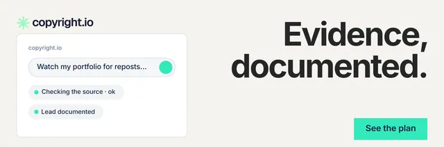 X header for copyright.io: "Evidence, documented." Swiss style, right layout, light palette in white, grey.