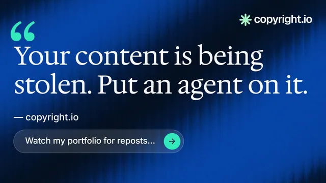 Landscape graphic for copyright.io: "Find your reposted work." Agentic glass style, quote layout, dark palette in black, blue.
