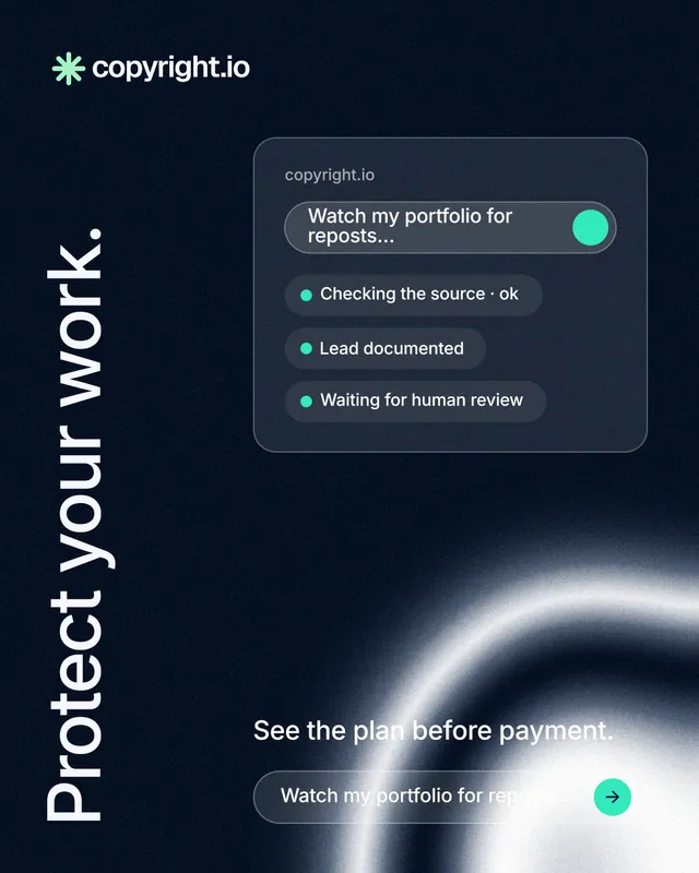 Instagram portrait post for copyright.io: "Protect your work." Agentic glass style, vertical layout, dark palette in black, blue, grey.