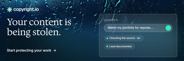 X header for copyright.io: "Your content is being stolen." Minimal luxury style, bottom layout, dark palette in blue, black.