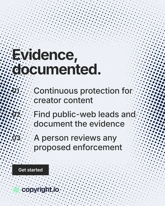 Instagram portrait post for copyright.io: "Evidence, documented." Swiss style, numbered layout, light palette in blue, white, grey.
