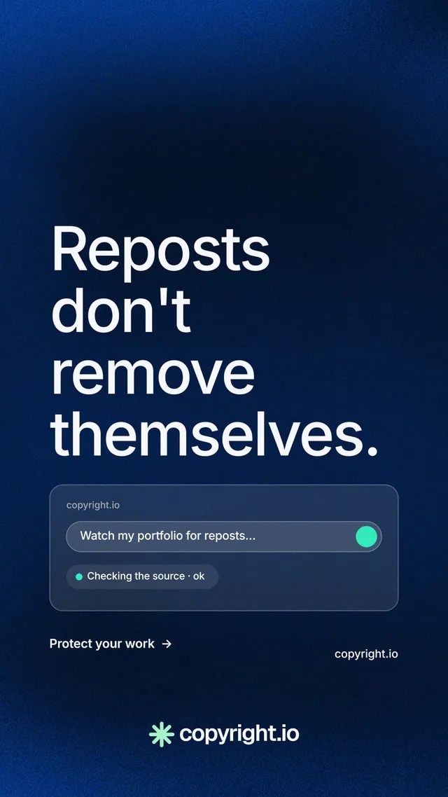 Instagram story for copyright.io: "Reposts don't remove themselves." Minimal luxury style, poster layout, dark palette in blue, black, grey.