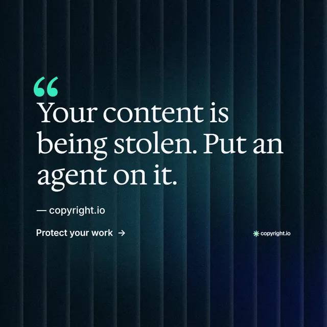 Instagram post for copyright.io: "Evidence, documented." Minimal luxury style, quote layout, dark palette in black, blue.
