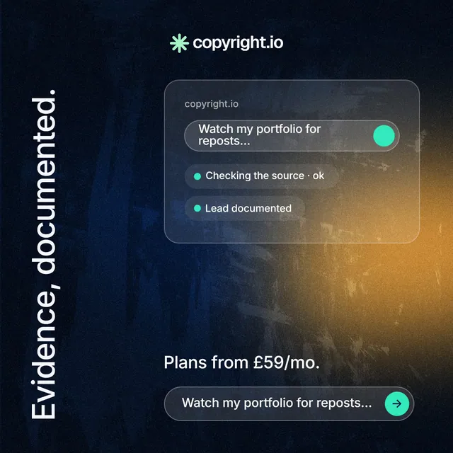 Instagram post for copyright.io: "Evidence, documented." Agentic glass style, vertical layout, dark palette in orange, black.