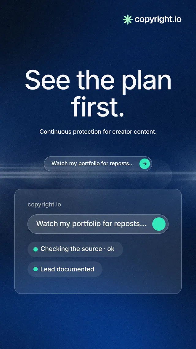 Instagram story for copyright.io: "See the plan first." Agentic glass style, centred layout, dark palette in blue.