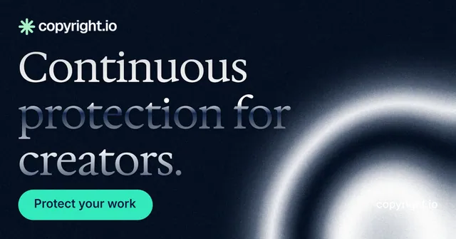 Social ad for copyright.io: "Continuous protection for creators." Y2K style, poster layout, dark palette in black, grey, blue.