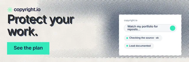 X header for copyright.io: "Protect your work." Retro print style, skeleton layout, light palette in white, grey.