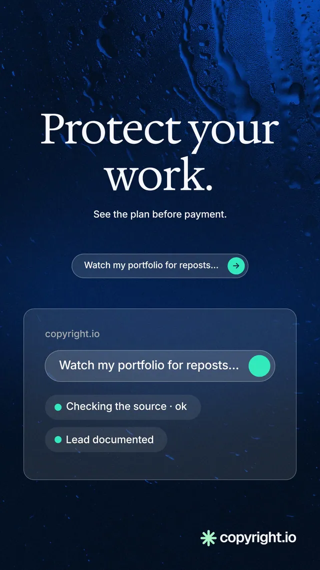 Instagram story for copyright.io: "Protect your work." Agentic glass style, centred layout, dark palette in blue, black.