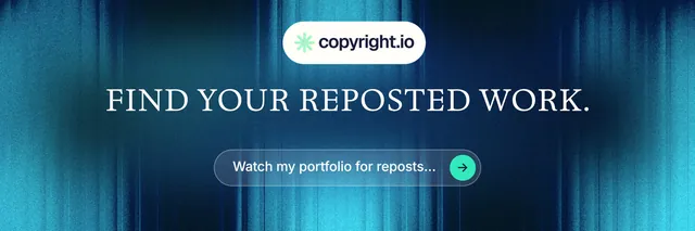 X header for copyright.io: "Find your reposted work." Agentic glass style, centred layout, dark palette in blue, teal.